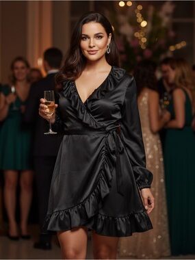 Bar III Black Satin Wrap Dress with Ruffle Trim